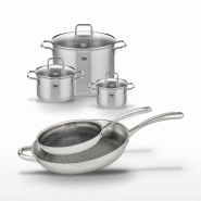Lot Poêles 32cm & 28cm Elo Relief Evolution avec 3 Faitouts Elo Citrin - gris inox 3176239958041