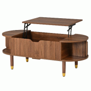 Merax Table basse 110 x 48 x 57 cm avec plateau relevable hydraulique, rangements, 2 portes coulissantes rainurées et pieds en hévéa, coloris noyer