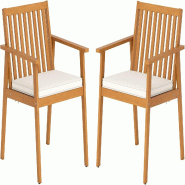 COSTWAY Lot 2 chaises jardin bois d’acacia, coussins et accoudoirs, 180 kg, pour balcon, jardin, terrasse, couleur naturelle - marron Bois massif TI