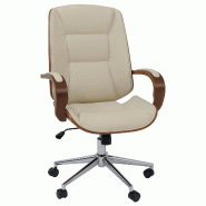 Décoshop26 - Fauteuil de bureau sur roulettes pivotant avec accoudoirs en simili cuir crème avec structure en bois courbé finition 04_0009102 - bei