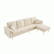 Merax Canapé 4 places en velours côtelé 250 cm, tabouret flexible, canapé d'angle combinable en forme de L à gauche ou à droite, beige clair - b_0