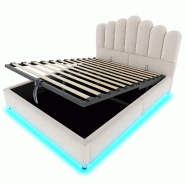 Merax Lit rembourré LED 140x200 cm, lit double en velours beige avec coffre hydraulique, sommier et tête volumineuse - beige multi-matériau LDU0062