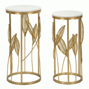 Mauro Ferretti Paire De Tables Basses Leaf Glam - Tables Rondes Dorées Ornées De Feuilles Et D'Un Plateau Effet Marbre - Dimensions : 35 X 65,5 Cm E