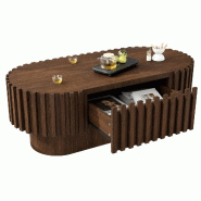 Merax Table basse ovale , aspect lattes verticales et rangements, 100 x 50 x 35,5 cm avec tiroir, coloris bois noyer - marron Bois manufacturé N625P5