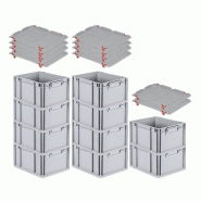 PROREGAL 10x Bac Euro NextGen Economy avec couvercle d'appui et 4 fermetures à glissière rouges poignées fermées 22x30x40cm 20L - noir plastique R