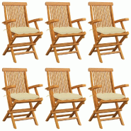 VidaXL Chaises De Jardin Et Coussins Blanc Crème Lot De 6 Teck Massif - beige 3062558
