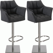 Décoshop26 - Lot de 2 tabourets de bar réglable en tissu gris foncé assise enveloppante capitonnée avec base carrée en acier 10_0006018 - gris ac
