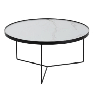 TABLE BASSE RONDE BAPE EN MÉTAL NOIR ET MDF MARBRÉ BLANC.