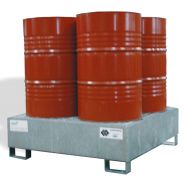 Bac de rétention en acier galvanisé à chaud adaptés au stockage des liquides inflammables dans des fûts de 200 L ou cuves de 1000 L