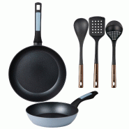 BERGNER - Ensemble de 2 Poêles Ø20/26 cm en Aluminium Pressé Compatible Induction avec Ensemble de 3 Ustensiles de cuisine en PBT noir et cuivre -