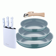 BERGNER - Jeu de 3 Poêles Ø18/20/24cm aluminium Embouti Recyclé Vert avec Manche Amovible et Jeu 3 Couteaux avec Bloc de Couteaux en Acier Inoxydab