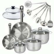 Batterie de cuisine 2 poêles 20/28 cm et couvercles, 3 faitouts 16/20/24 cm et 6 ustensiles Fackelmann Eterna - gris inox 3176239935394_0