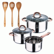 BERGNER - Batterie de cuisine 5 pièces Ø16/18/20cm en acier inoxydable compatible induction avec ensemble de 3 ustensiles de cuisine en bois d'acaci