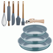 BERGNER - Jeu de 3 Poêles Ø18/20/24 cm en Aluminium Embouti Recyclé Vert avec Manche Amovible et 5 Ustensiles de Cuisine en Silicone et Bois d'Acac