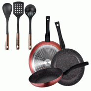 BERGNER - Jeu de 3 Poêles Venus Ø20/24/28 cm en Aluminium Forgé Compatibles Induction avec Set de 3 Ustensiles de Cuisine en PBT noir et cuivre - P