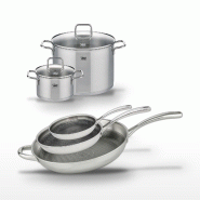 Lot de 3 Poêles Elo Relief Evolution 24/28/32 cm et 2 Faitouts 20/26 cm - gris inox 3176239957693