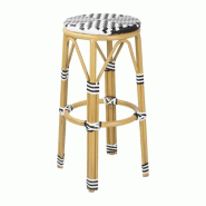 ​​​​​​​Lot de 2 tabourets de bar empilables, motifs chevrons, structure en aluminium finition bois, assise rotin noir et blanc ​​​​​​​Lot de 2 tabourets de bar empilables, motifs chevrons, structure en aluminium finition bois, assise rotin noir et blanc