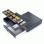 Tiroir-caisse métal 410x410x110mm - 4 compartiments billets, 8 compartiments monnaie, 2 espaces chèques - Noir