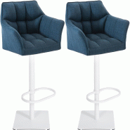 Décoshop26 - Lot de 2 tabourets de bar réglable en tissu bleu assise enveloppante capitonnée et avec base carrée en métal blanc 10_0006621 - bleu