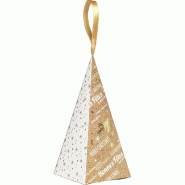 Boîte pyramide Bonnes Fêtes kraft/blanc/or ruban satin or 17,5x8x8cm - par 24
