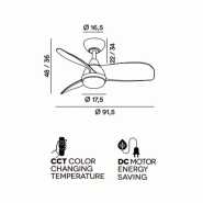 Ventilateur de Plafond avec Lumière Perenz 7192 B CT Blanc d. 91,5 cm, 3 Pales, 6 Vitesses, Moteur DC 35W, Silencieux - 8023559547088