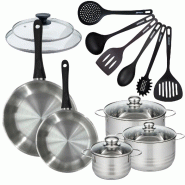 Batterie de cuisine 2 poêles 24/28 cm et couvercles, 3 faitouts 16/20/24 cm et 6 ustensiles Fackelmann Geneva - gris inox 3176239935653