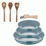 BERGNER - Jeu de 3 Poêles Ø18/20/24cm en Aluminium Pressé Recyclé Vert avec Manche Amovible avec Jeu de 3 Pièces Ustensiles de Cuisine en Acacia