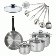Batterie de cuisine avec 1 poêle 24 cm 3 faitouts 16/20/24 cm et 7 ustensiles de cuisine sans PFAS Fackelmann Généva Brillant Oxford avec couvercle