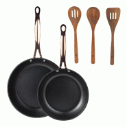 BERGNER - Jeu de 2 poêles Ø20/24 cm en aluminium forgé noir avec jeu de 3 ustensiles de cuisine en acacia - PK9531