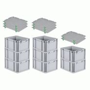 PROREGAL 8x Bac Euro NextGen Economy avec couvercle d'appui et 4 fermetures à glissière vertes poignées fermées 22x30x40cm 20L - noir plastique RM