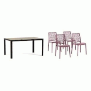 RATTATAN Set de repas intérieur et extérieur, table en aluminium, 4 chaises en polypropylène empilables, pour cuisine, jardin MILO+ANNA-Mauve/Noir/