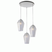 BeLight Suspension Prisma fer blanc, câbles réglables, diffuseurs en verre soufflé transparent décor en relief, 3 lumières - transparent 8057724581836