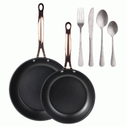 BERGNER - Jeu de 2 Poêles Ø20/24cm en Aluminium Forgé Noir Mat avec Set de 16 Couverts en Acier Inoxydable - PK9539