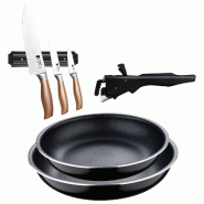BERGNER - Ensemble de 2 poêles Ø22/26cm aluminium embouti avec poignée amovible et ensemble de 3 couteaux en acier inoxydable avec support magnéti