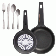BERGNER - Jeu de Poêles Ø20/24 cm en Aluminium Coulé Compatible Induction avec Jeu de 16 Couverts en Acier Inoxydable - PK9559