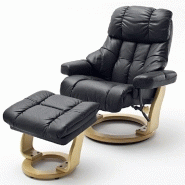 FAUTEUIL RELAX CLAIRAC XL ASSISE EN CUIR NOIR PIED EN BOIS NATUREL AVEC REPOSE PIED