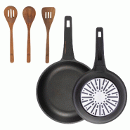 BERGNER - Jeu de 2 Poêles Ø24/28 cm en Aluminium Coulé avec Manche en Bakélite et Set de 3 Ustensiles de Cuisine en Bois d'Acacia - PK9819