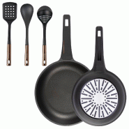 BERGNER - Jeu de 2 Poêles Ø24/Ø28cm en Aluminium moulé avec poignée en bakélite et Set de 3 Ustensiles de Cuisine en PBT noir et cuivre - PK9835