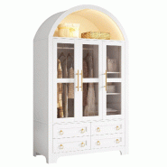 Merax Armoire 110 x 50 x 186 cm avec arc rond, 3 portes vitrées, tringle à vêtements, LED et 4 tiroirs, blanc - blanc multi-matériau GL47123W