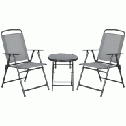 Merax salon de jardin Pliant 3 pièces avec 2 chaises et Table d'appoint, meubles de balcon pour 2 Personnes, Maille, Gris Clair - gris multi-matéria