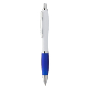 Stylo à bille en plastique – corps blanc avec grip coloré et parties chromées brillantes – encre bleue Stylo à bille en plastique – corps blanc avec grip coloré et parties chromées brillantes – encre bleue