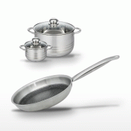 Batterie de cuisine avec 1 poêle 28 cm et 2 faitouts 12/20 cm en inox sans PFAS Elo Collection Relief Solution Brillant - gris 3176239941111