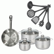Batterie de cuisine avec 3 faitouts 16/20/24 cm et 1 poêle 24 cm avec 5 ustensiles de cuisine Fackelmann Etherna Brillant Clip - gris inox 3176239920