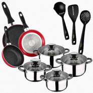 San Ignacio - Batterie de Cuisine Dina 8 pièces en Acier Inoxydable avec 3 Poêles Navy Red Marble Ø16/20/24 cm et Set de 3 Ustensiles de Cuisine -