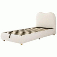 Merax Lit capitonné 90 x 200 cm avec rangements hydrauliques, sommier à lattes et tête de lit capitonnée, housse bouclée beige - beige multi-mat�