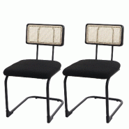 Mendler Lot de 2 chaises à piétement luge HWC-K88, chaise fauteuil, bois rotin métal bouclé ~ tissu/textile noir - noir Bois massif 97713