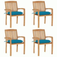 VidaXL Chaises De Jardin Empilables Avec Coussins Lot De 4 Teck Solide - bleu 3073259 VidaXL Chaises De Jardin Empilables Avec Coussins Lot De 4 Teck Solide - bleu 3073259