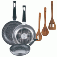 BERGNER - Jeu de 3 poêles Ø16/20/24cm en aluminium embouti Adapté induction Black Soul Marble avec set 3Pc d’ustensiles de cuisine en bois d’ac