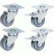Jeu de 4 - roulettes pivotantes/freinées série 100 50mm gris TPR-caoutchouc sur polypropylène Jeu de 4 - roulettes pivotantes/freinées série 100 50mm gris TPR-caoutchouc sur polypropylène