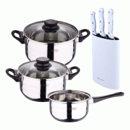 BERGNER - Batterie de cuisine 5 pièces 16/18/20cm en acier inoxydable compatible induction avec ensemble de 3 couteaux en acier inoxydable avec bloc